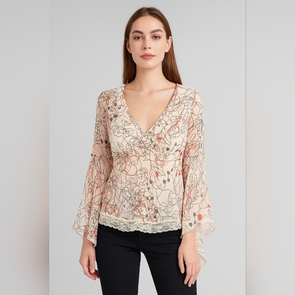 Vintage 90s/Y2K Charlotte Russe Floral Lace Bell Sleeve Fairycore Sheer Top M